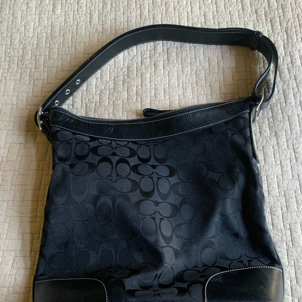Coach Black Signature Jacquard Shoulder Bag with Leather Trim
